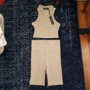 NWT Maniere de Voir 3-Set Beige/White Ribbed Polo Crop Top & Biker Shorts US M/L